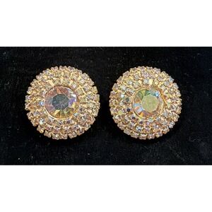 Vintage WARREN Aurora Borealis Rhinestone Round Clip-On Earrings